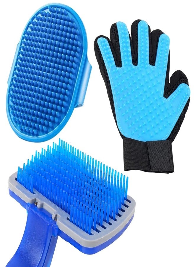 مجموعة فرشاة وقفازات للعناية بالحيوانات الأليفة، أزرق وأسود، شعيرات سيليكون، أداة احترافية لإزالة الشعر الزائد للكلاب (عبوة من 3 قطع) - Image 1